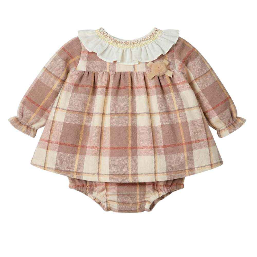 VESTITO NEONATA IN COTONE A QUADRI CON COPRI PANNOLINO - MAC ILUSION