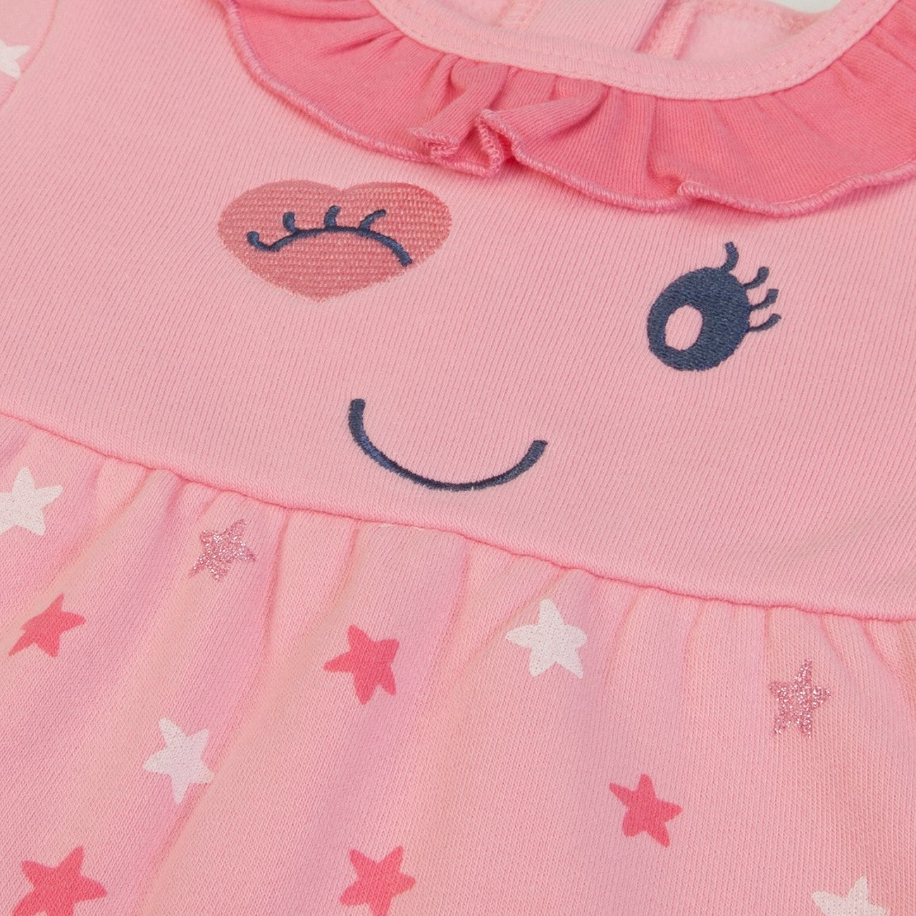 Vestito Invernale Bambina in Caldo Cotone Rosa - Stelle - ricamo