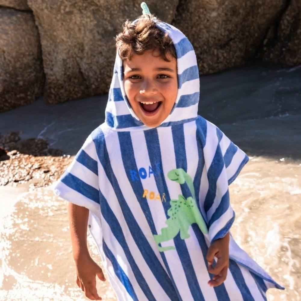 PONCHO MARE BAMBINO IN SPUGNA BIANCA E BLU CON CAPPUCCIO - DINO