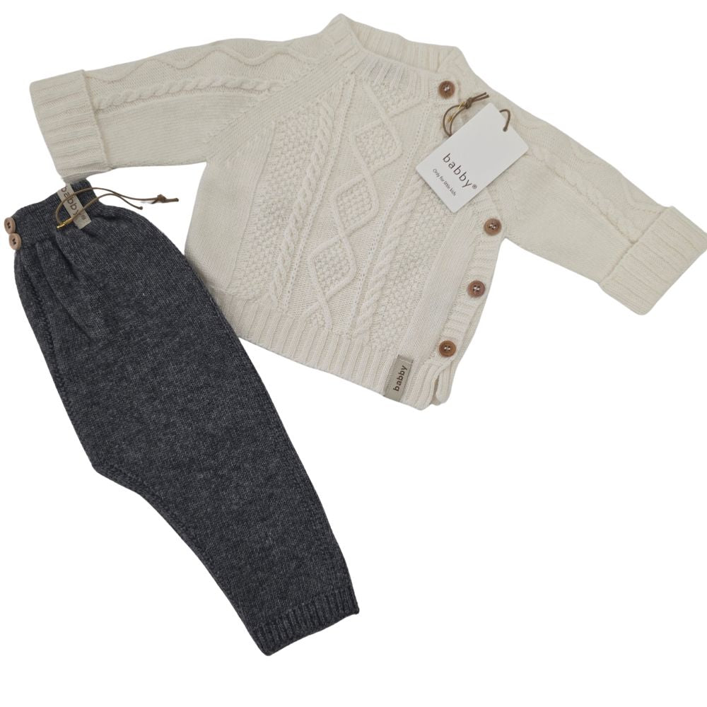Completo Neonato in Misto Lana Merino e Cashmere - Panna Grigio