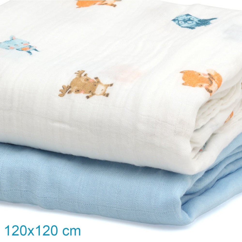 Set 2 Copertine in Mussola di Bamboo 120x120 cm - Celeste - Kiokids