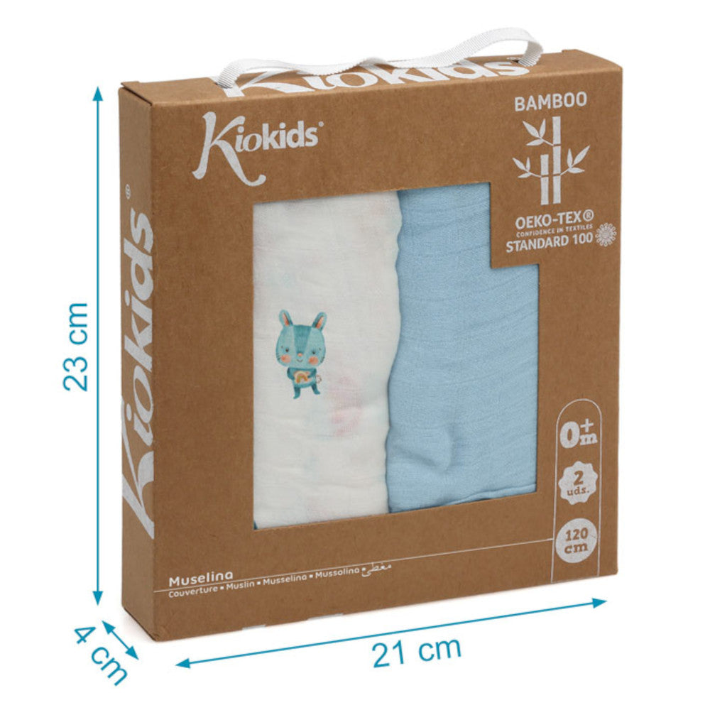 Set 2 Copertine in Mussola di Bamboo 120x120 cm - Celeste - Kiokids
