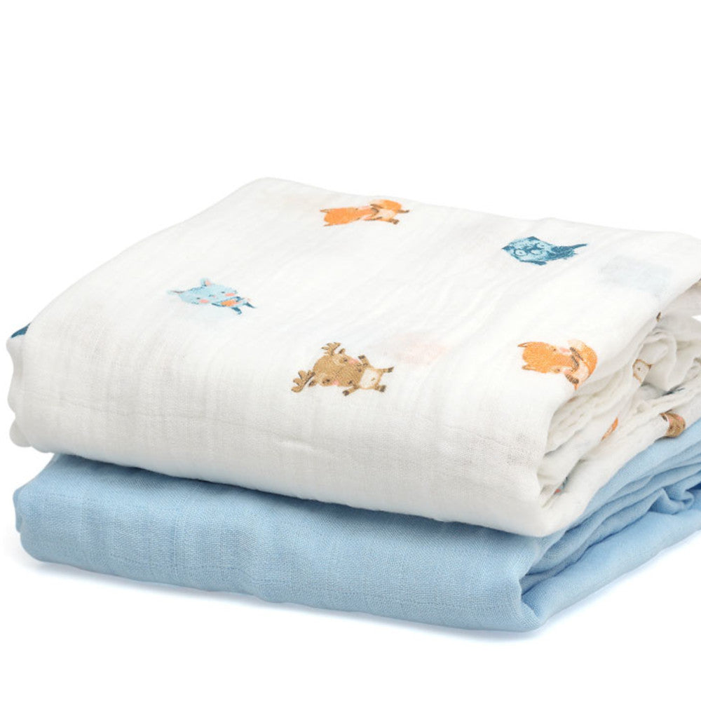 Set 2 Copertine in Mussola di Bamboo 120x120 cm - Celeste - Kiokids