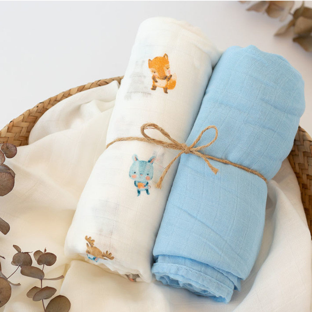 Set 2 Copertine in Mussola di Bamboo 120x120 cm - Celeste - Kiokids