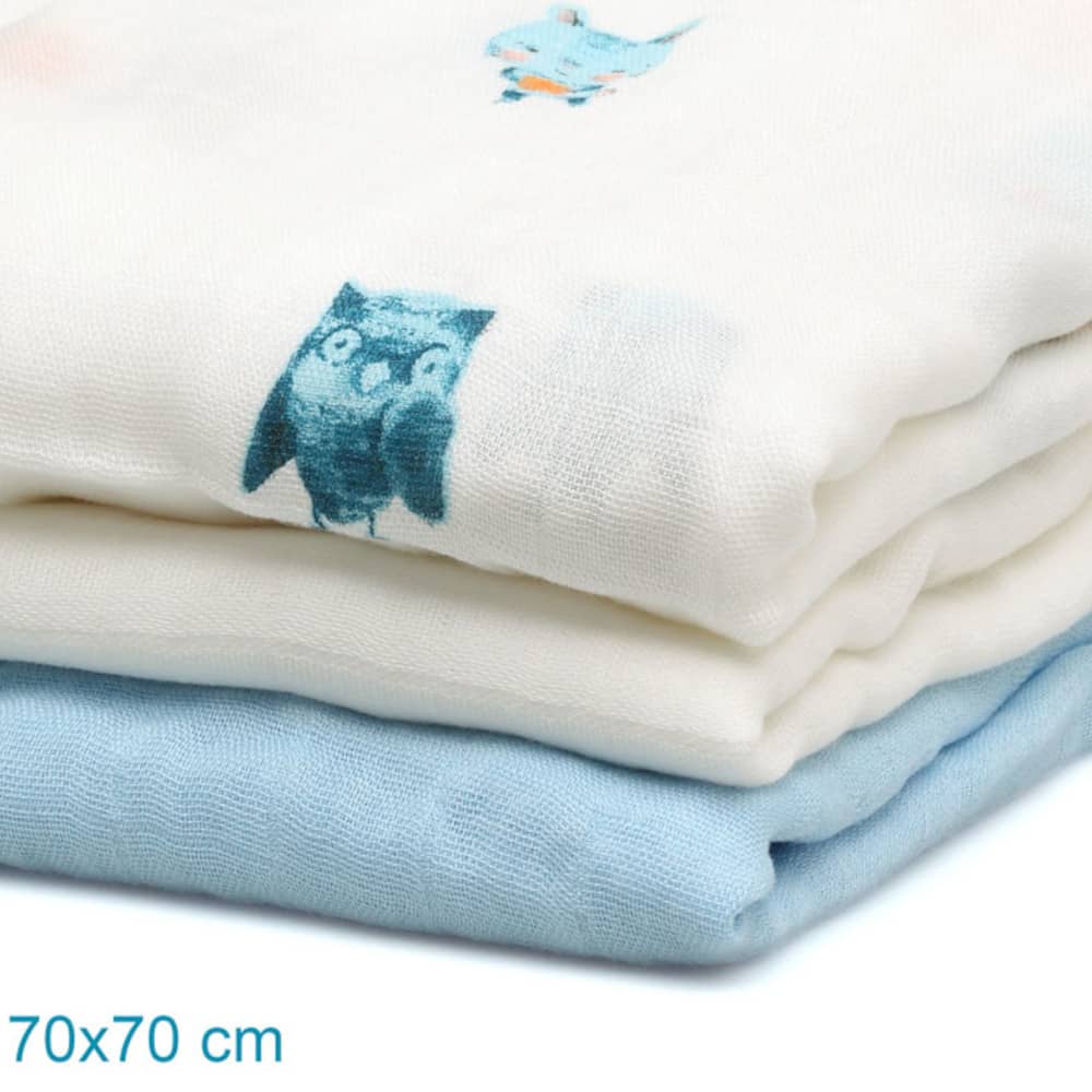 Set 3 Copertine Neonato in Mussola di Bamboo 70x70 cm - Celeste