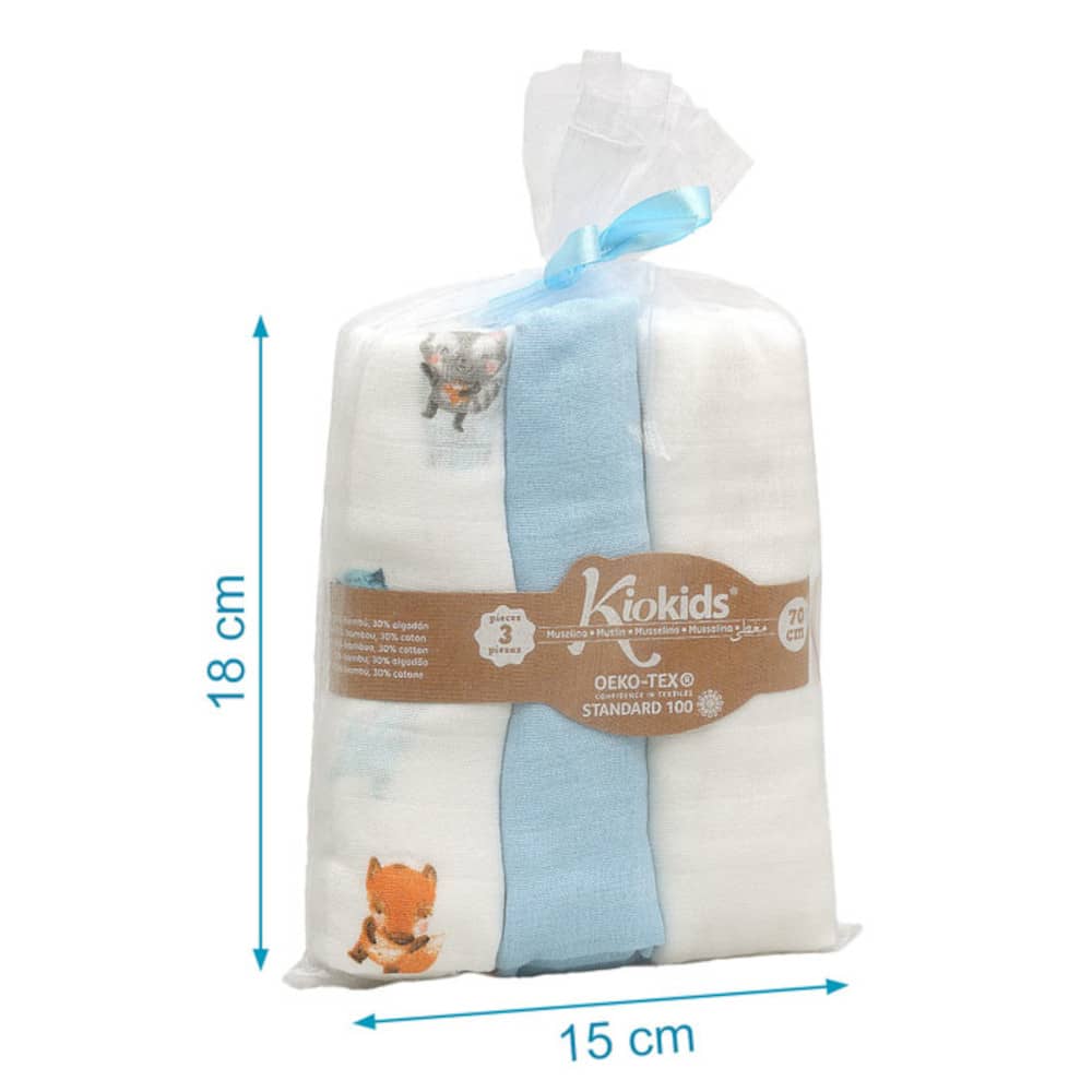 Set 3 Copertine Neonato in Mussola di Bamboo 70x70 cm - Celeste