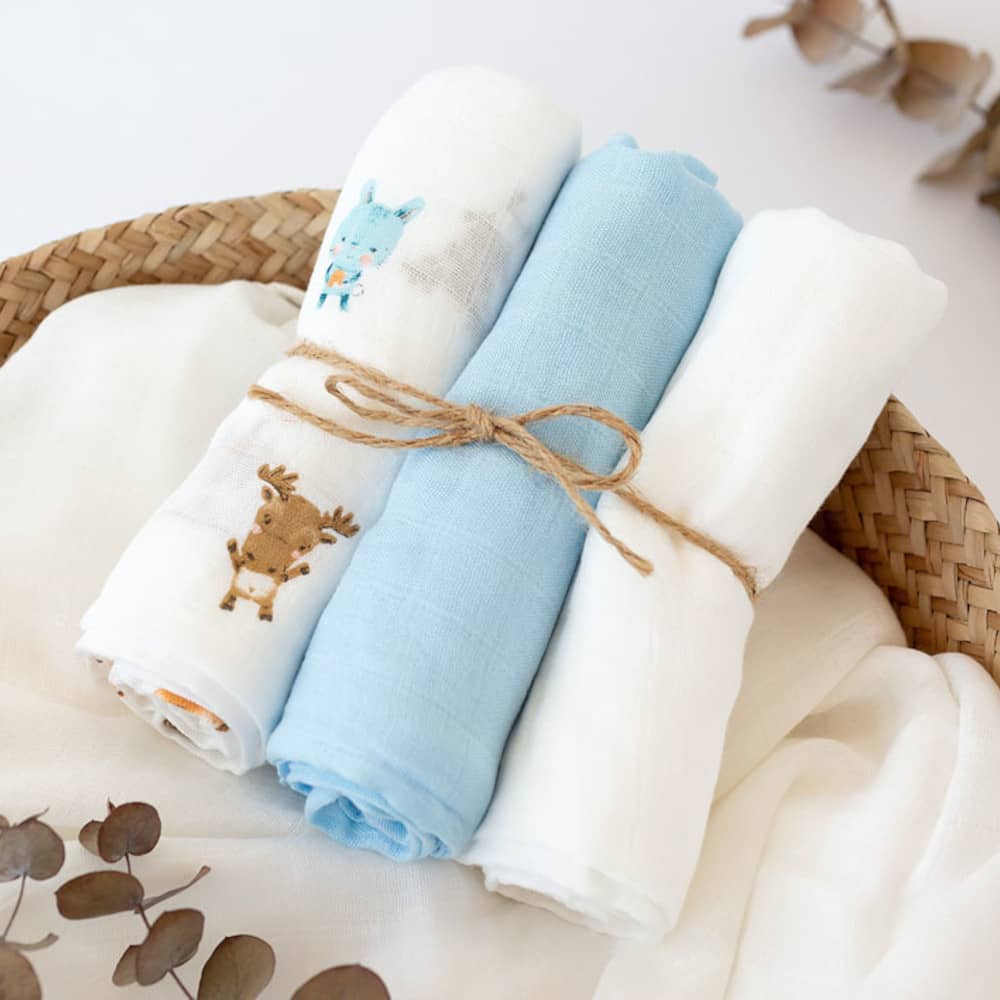Set 3 Copertine Neonato in Mussola di Bamboo 70x70 cm - Celeste