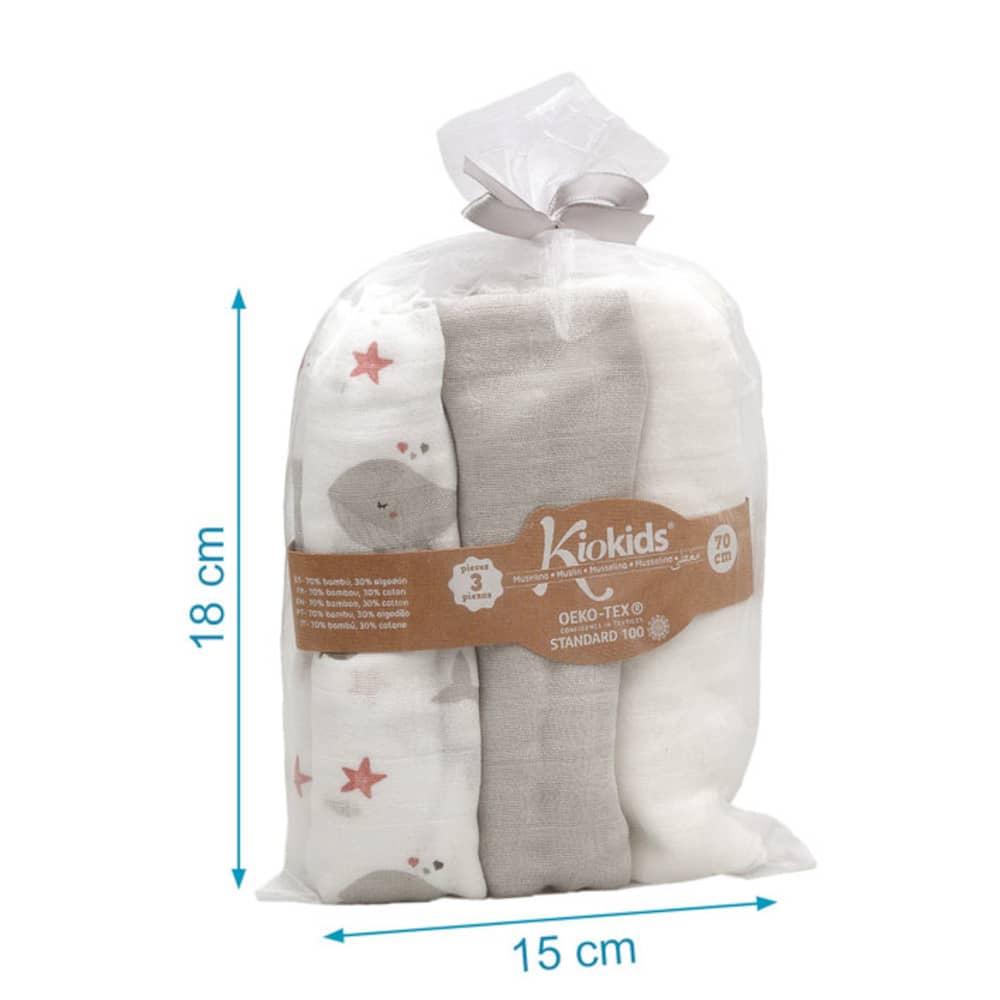 Set 3 copertine in mussola di bamboo - grigio - kiokids