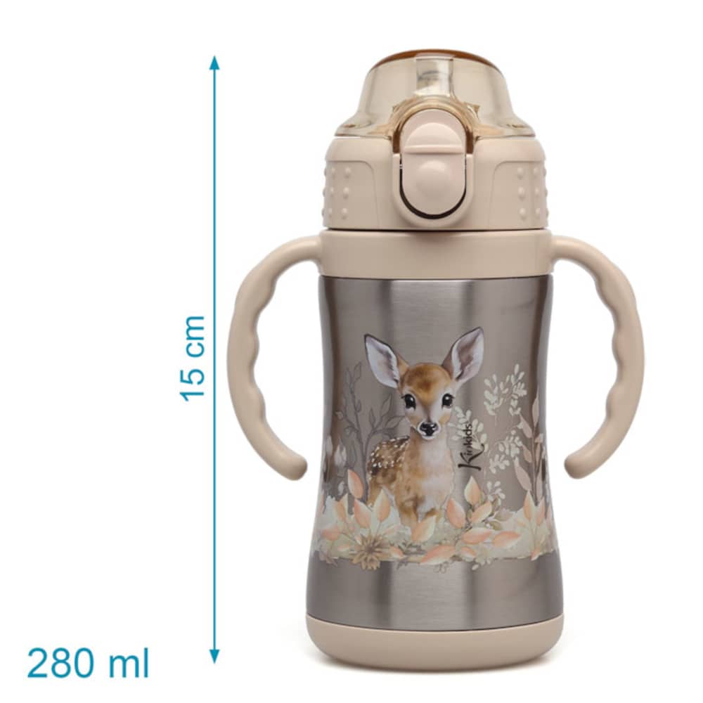 Bottiglia con cannuccia in acciaio per bambini - Cervo Beige - Kiokids