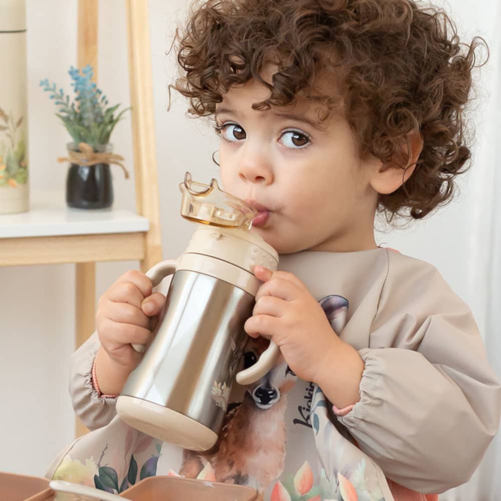 Bottiglia con cannuccia in acciaio per bambini - Cervo Beige - Kiokids
