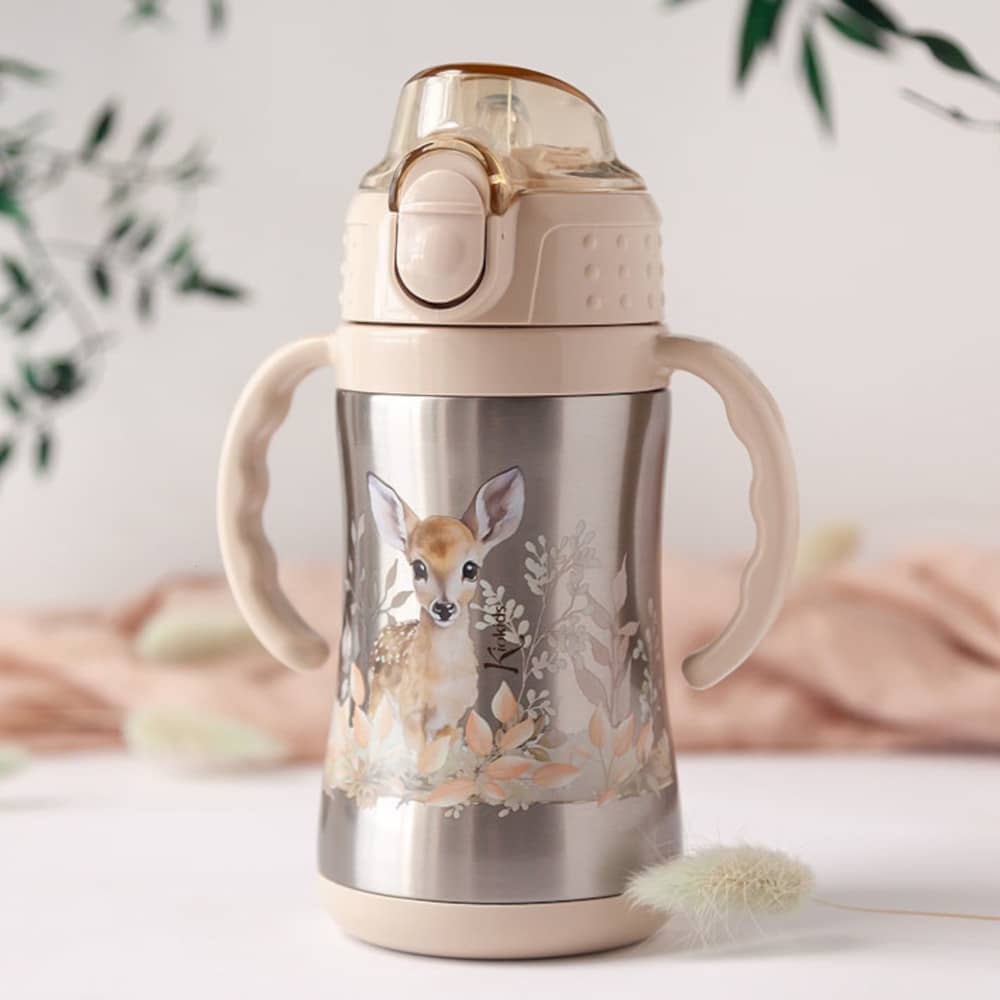 Bottiglia con cannuccia in acciaio per bambini - Cervo Beige - Kiokids