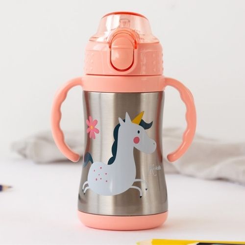 Bottiglia con Cannuccia per Bambini in Acciaio - Unicorno