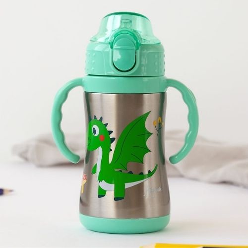 Bottiglia con Cannuccia per Bambini in Acciaio - Drago