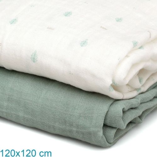 Set 2 Copertine Neonato in Mussola di Bamboo 120x120 cm - Verde