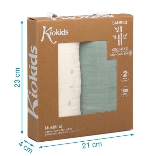 Set 2 Copertine Neonato in Mussola di Bamboo 120x120 cm - Verde