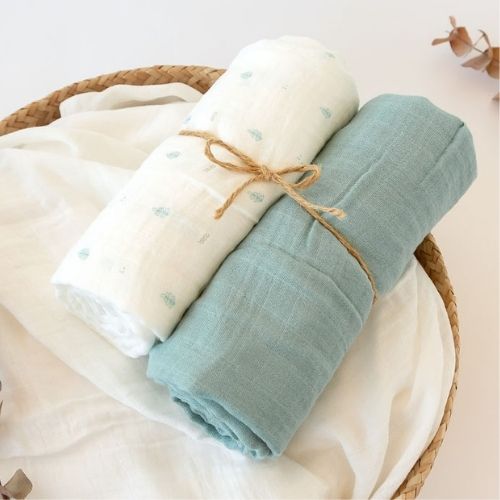 Set 2 Copertine Neonato in Mussola di Bamboo 120x120 cm - Verde