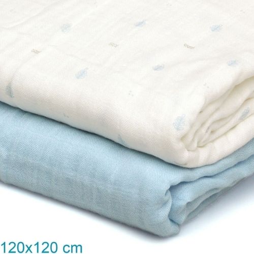 Set 2 Copertine Neonato in Mussola di Bamboo 120x120 cm - Celeste
