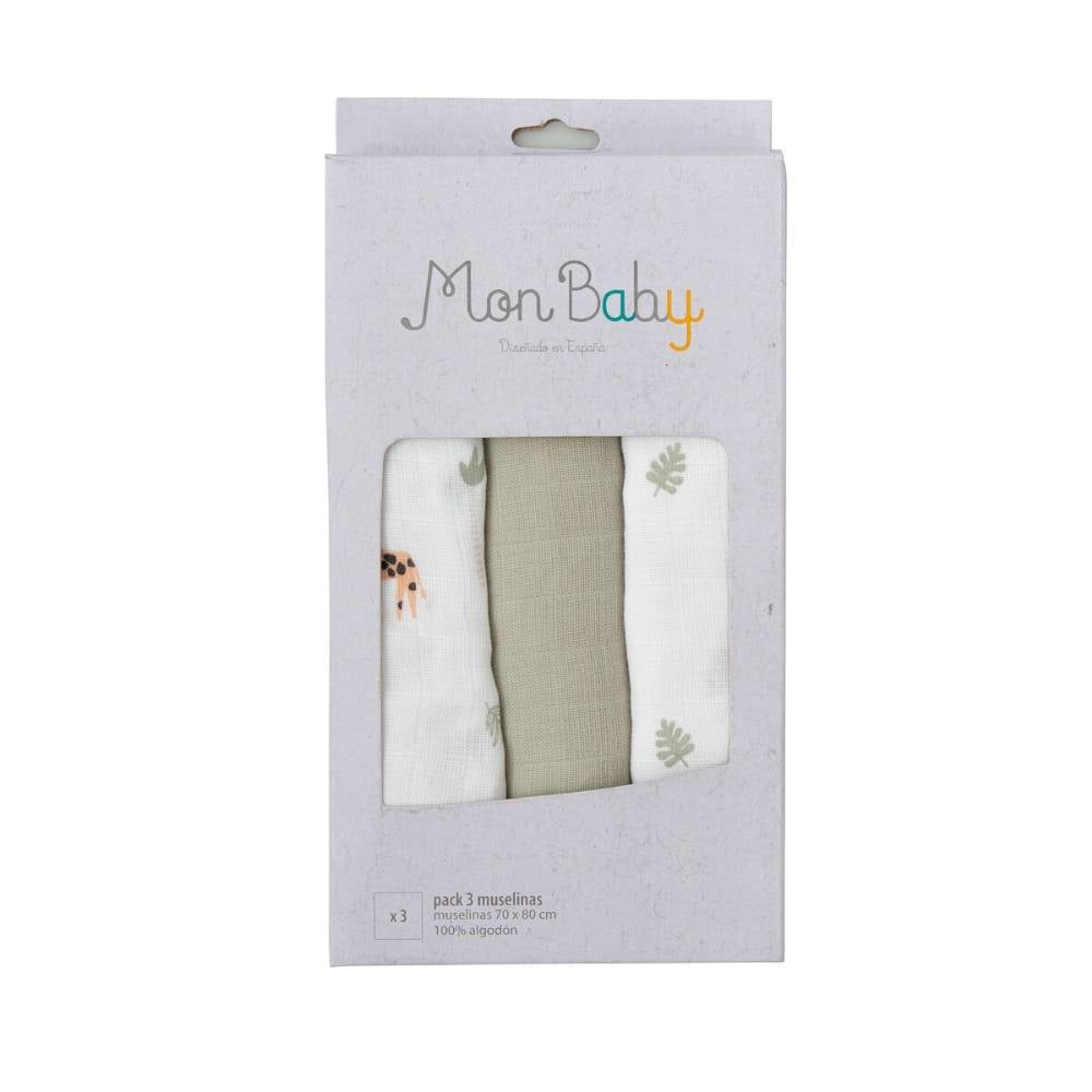 Set 3 Copertine Neonato in Mussola di Cotone 70x80 cm - Verde