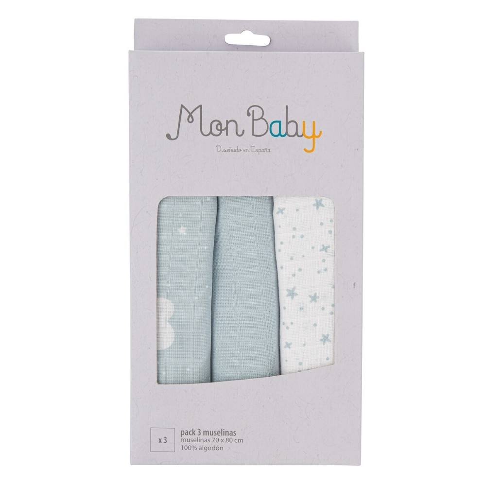 Set 3 Copertine Neonato in Mussola di Cotone 70x80 cm - Celeste