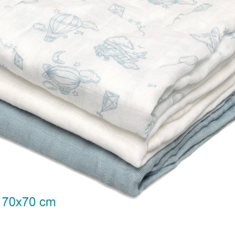 Set 3 Copertine Neonato in Mussola di Bamboo 70x70 cm - Celeste Bianco