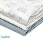 Set 3 Copertine Neonato in Mussola di Bamboo 70x70 cm - Celeste Bianco