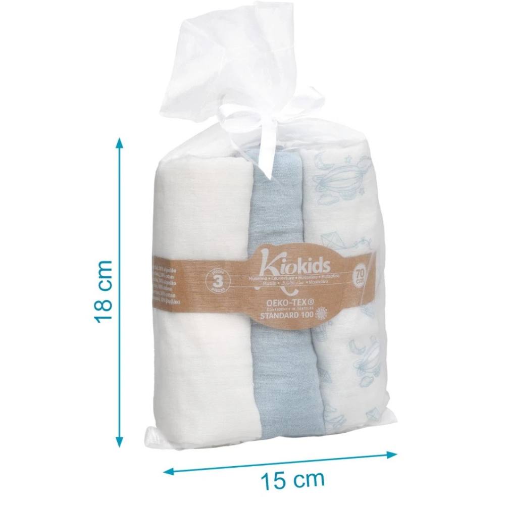 Set 3 Copertine Neonato in Mussola di Bamboo 70x70 cm - Celeste Bianco