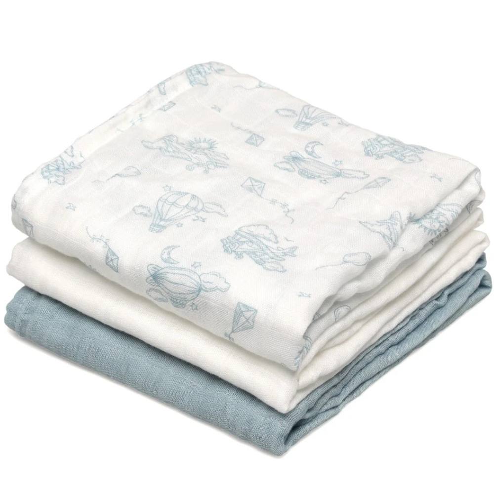 Set 3 Copertine Neonato in Mussola di Bamboo 70x70 cm - Celeste Bianco