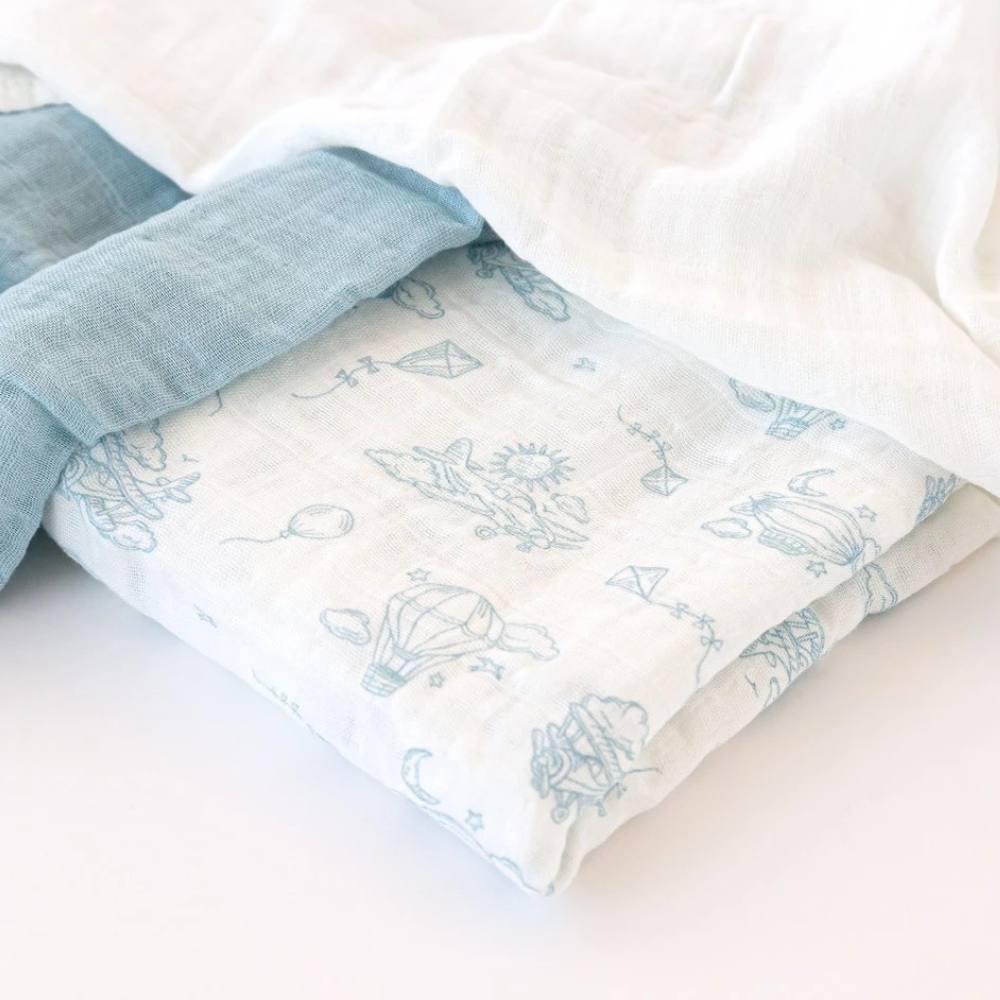 Set 3 Copertine Neonato in Mussola di Bamboo 70x70 cm - Celeste Bianco