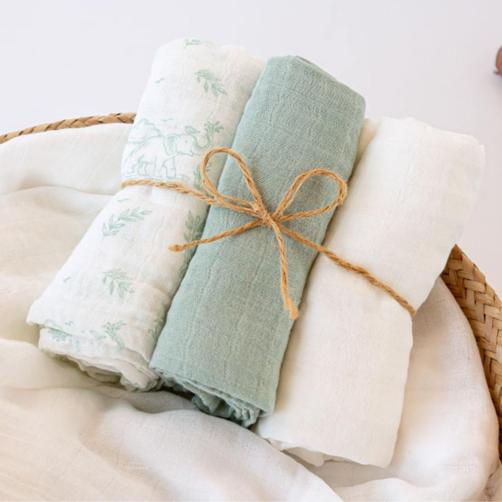 Set 3 Copertine Neonato in Mussola di Bamboo 70x70 cm - Salvia
