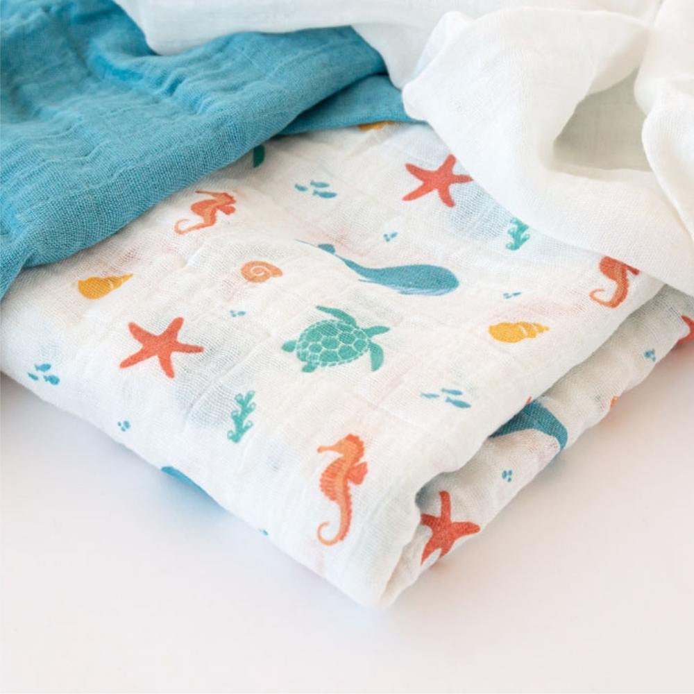 Set 3 Copertine Neonato in Mussola di Bamboo 70x70 cm - Blu
