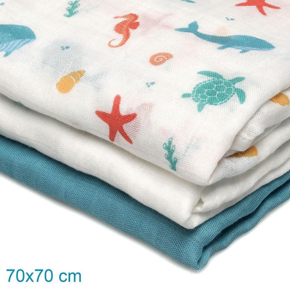 Set 3 Copertine Neonato in Mussola di Bamboo 70x70 cm - Blu
