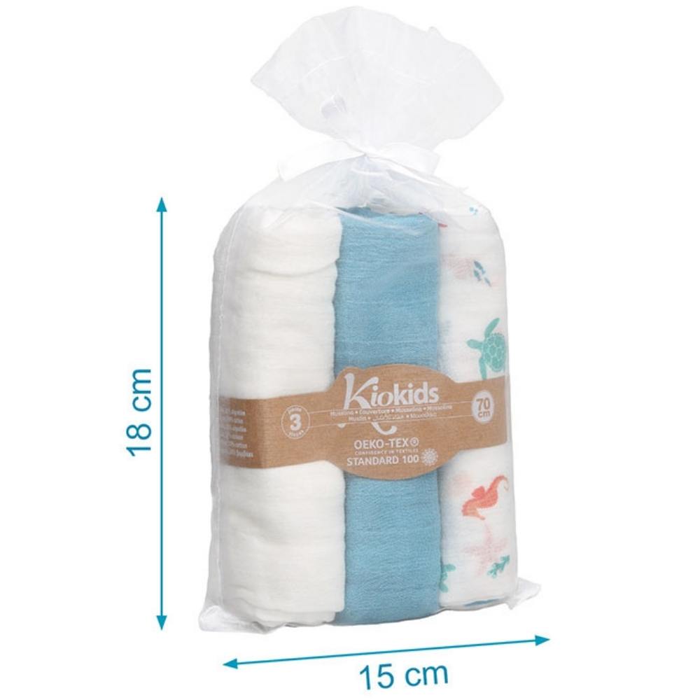 Set 3 Copertine Neonato in Mussola di Bamboo 70x70 cm - Blu
