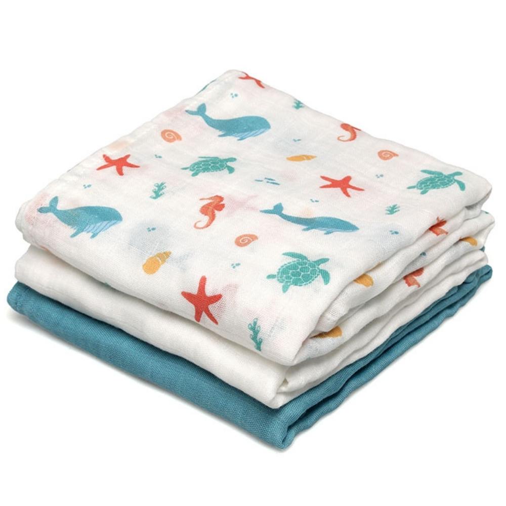 Set 3 Copertine Neonato in Mussola di Bamboo 70x70 cm - Blu
