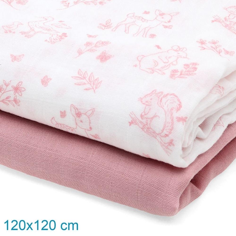 Set 2 Copertine Neonato in Mussola di Bamboo 120x120 cm - Rosa