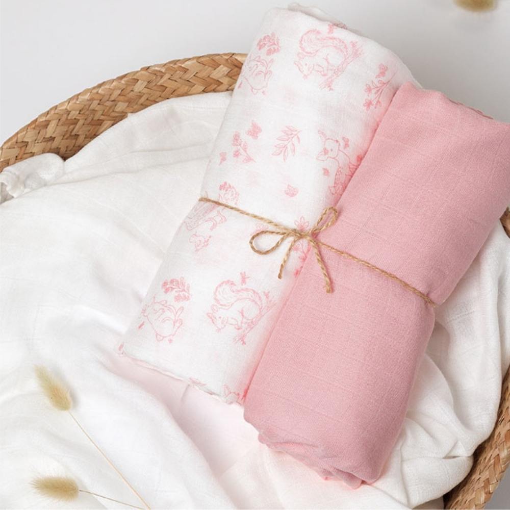 Set 2 Copertine Neonato in Mussola di Bamboo 120x120 cm - Rosa