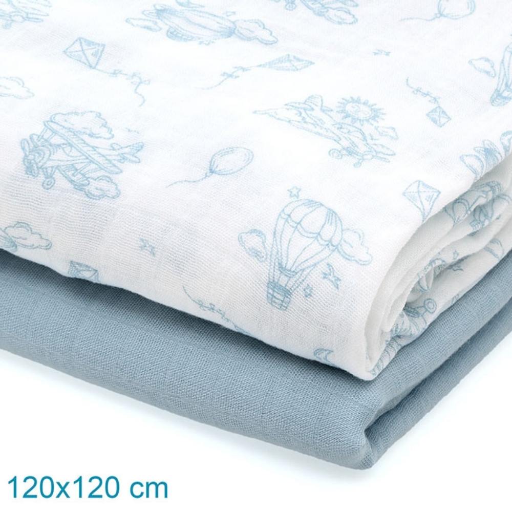 Set 2 Copertine  Neonato in Mussola di Bamboo 120x120 cm - Celeste
