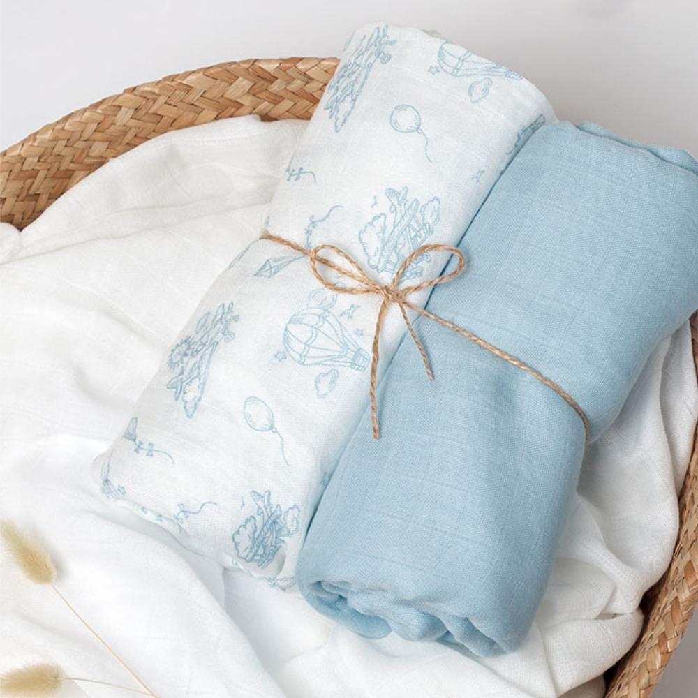 Set 2 Copertine  Neonato in Mussola di Bamboo 120x120 cm - Celeste