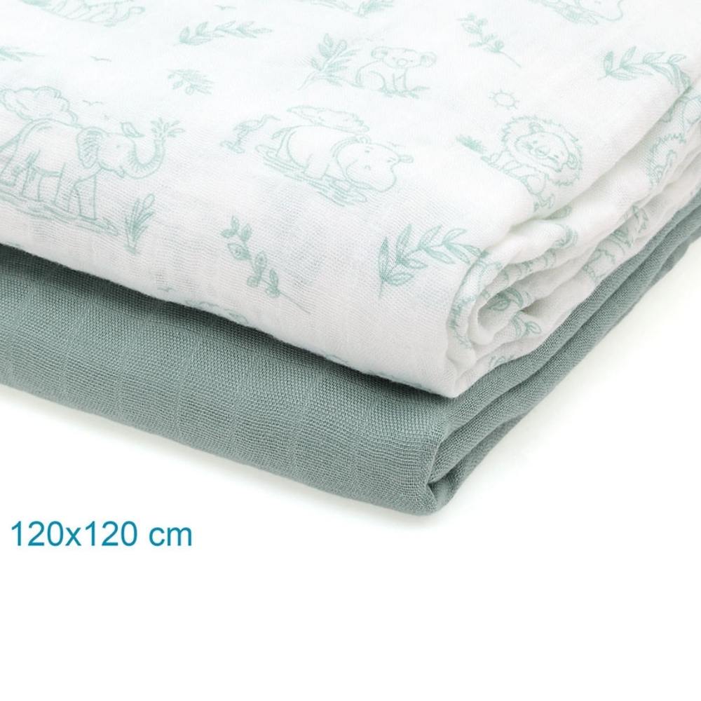Set 2 Copertine  Neonato in Mussola di Bamboo 120x120 cm - Verde