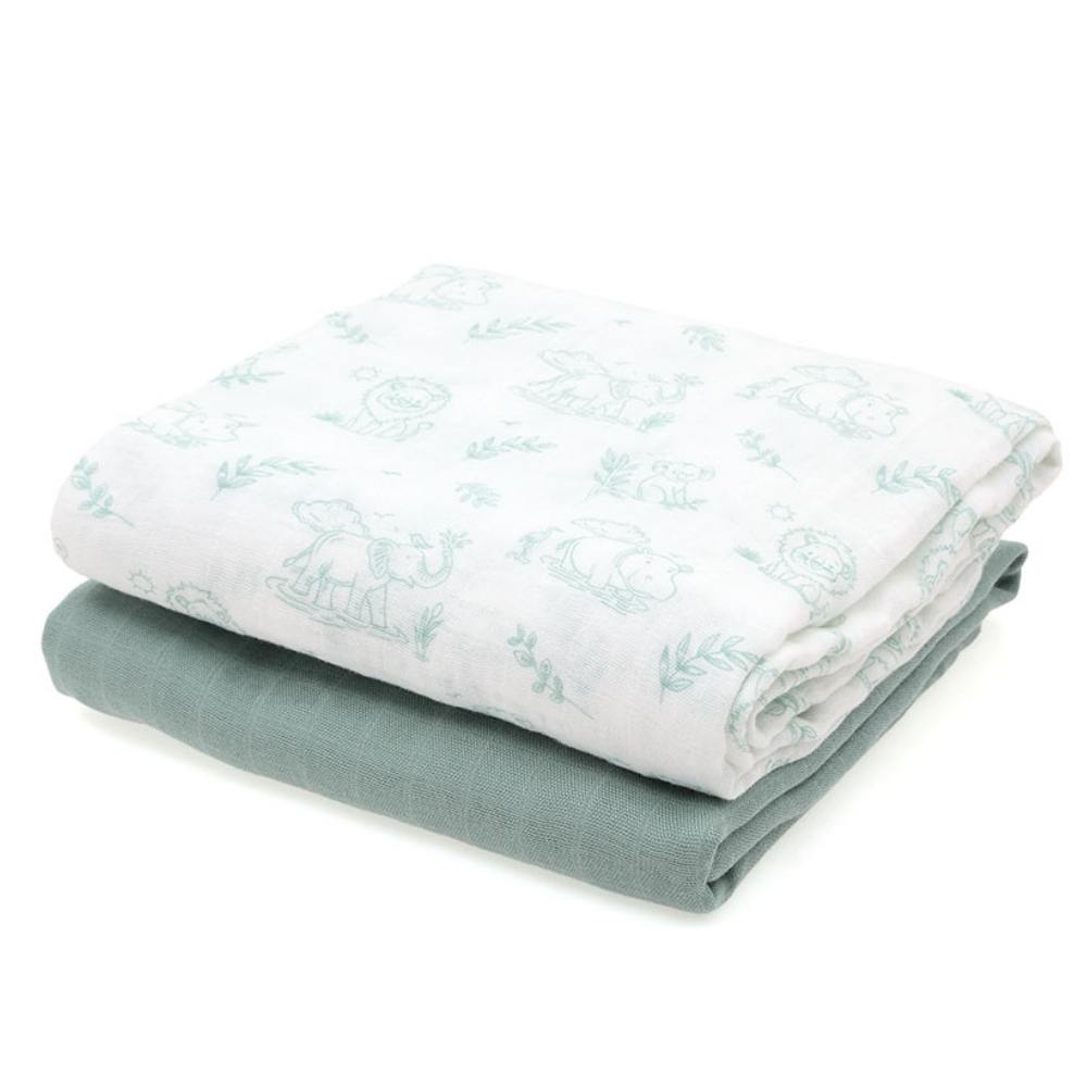 Set 2 Copertine  Neonato in Mussola di Bamboo 120x120 cm - Verde