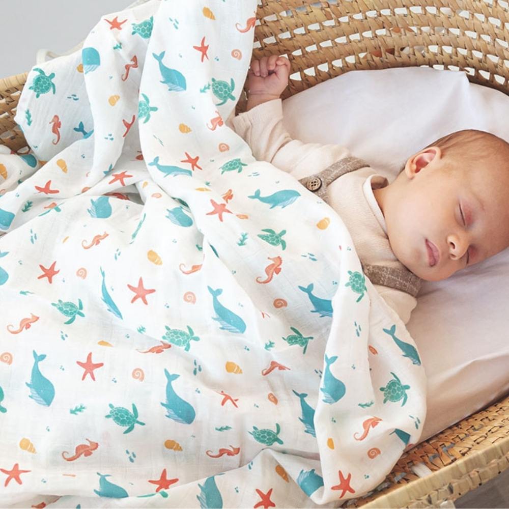 Copertina Neonato in Mussola di Bamboo 120x120 cm - Bianco Blu