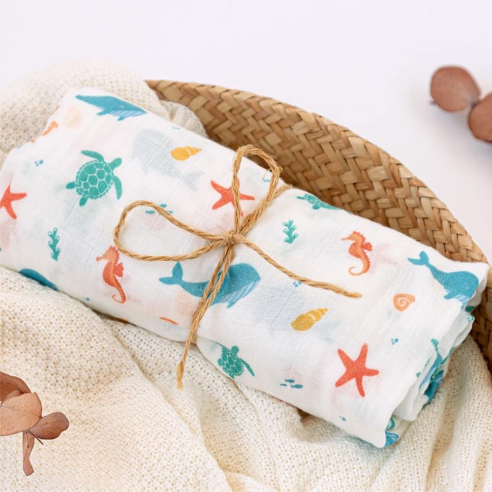 Copertina Neonato in Mussola di Bamboo 120x120 cm - Bianco Blu
