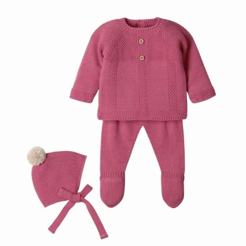 Completo Nascita Neonato in Misto Lana - Magenta