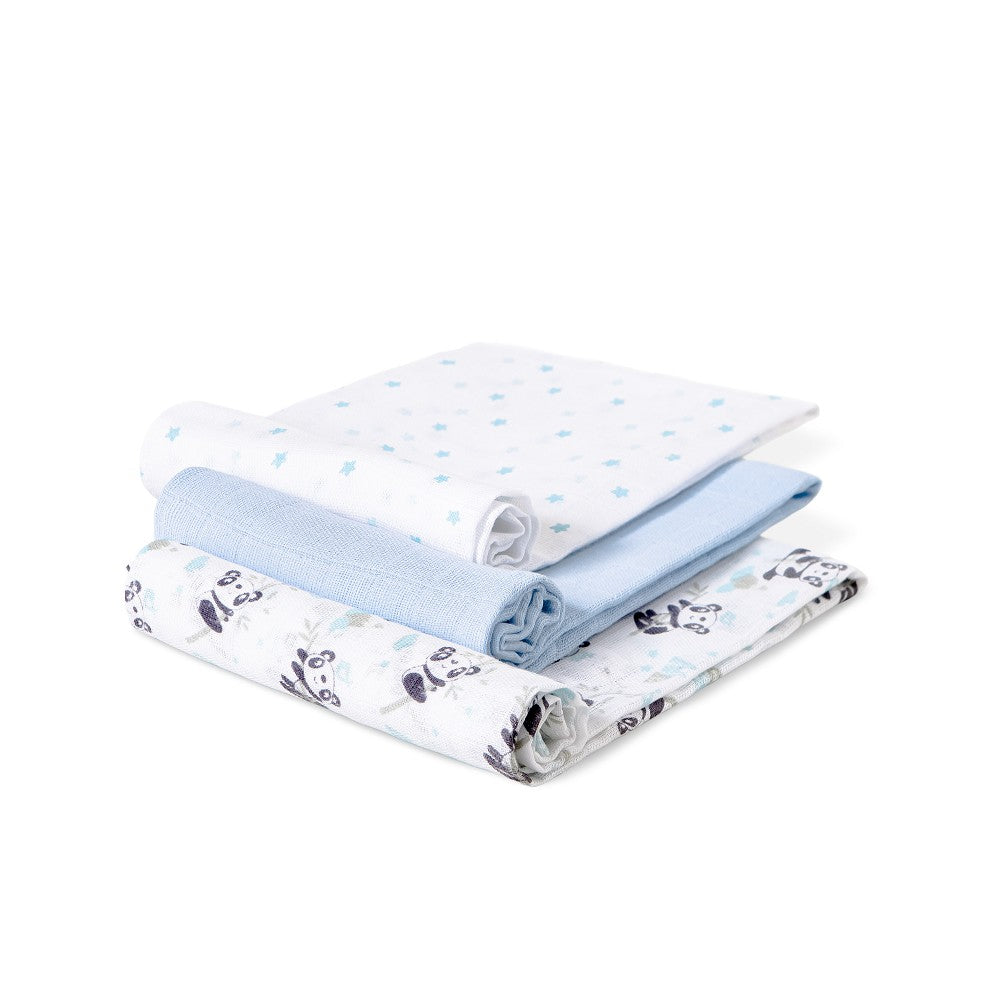 Set 3 Copertine Neonato in Mussola di Cotone - Panda Celeste