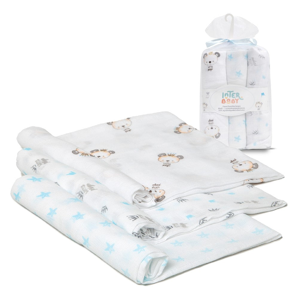Set 3 Copertine Neonato in Mussola di Cotone 80x80 cm - Orso Celeste