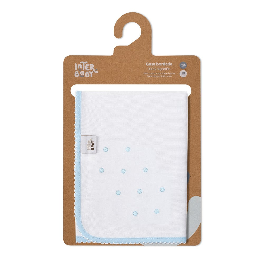 Quadrato Neonato in Puro Cotone Ricamato - bianco celeste - confezione