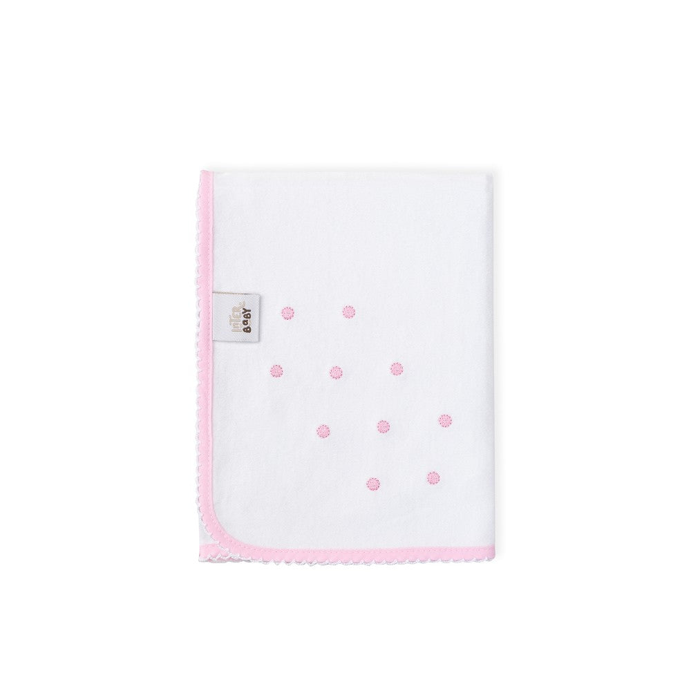 Quadrato Neonato In Cotone Ricamato Bianco Rosa
