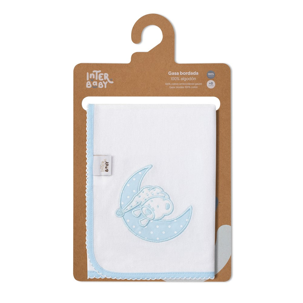 Quadrato Neonato in Puro Cotone - Luna Bianco Celeste - confezione