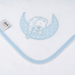 Quadrato Neonato in Puro Cotone - Luna Bianco Celeste - ricamo