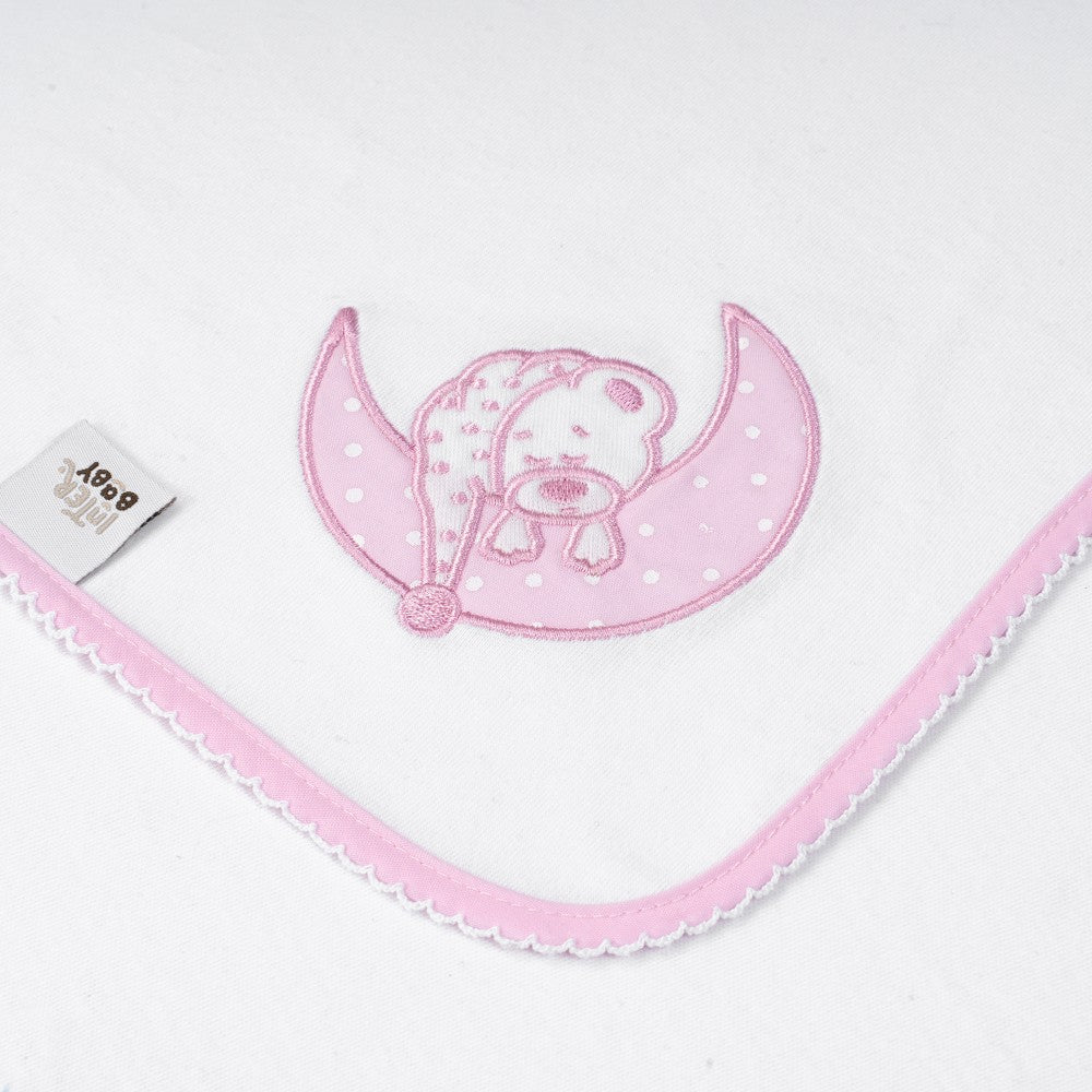 Quadrato Neonato in Puro Cotone - Luna Bianco Rosa - ricamo