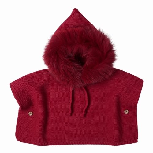 Poncho Neonata in Misto Lana con Cappuccio e Eco Pelliccia